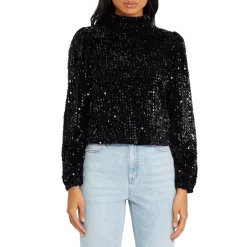 Cheapest π Sanctuary All Nighter Sequin Mock Neck Top Black π