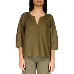Outlet 🌟 Sanctuary Cotton Mandarin Collar Blouse Olive Oil 🎁